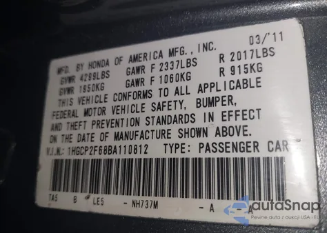 2011 Honda Accord 2.4 Se from USA, damaged, VIN 1HGCP2F68BA110812